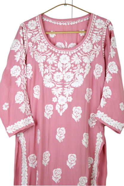 POWDER PINK MODAL LONG KURTA WITH 3D CHIKANKARI