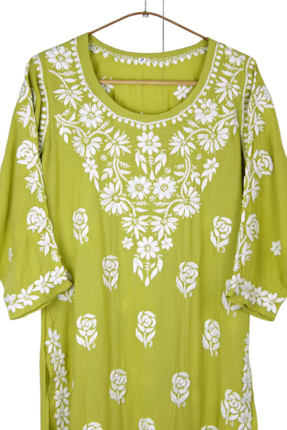 LIME GREEN MODAL LONG KURTA WITH 3D CHIKANKARI