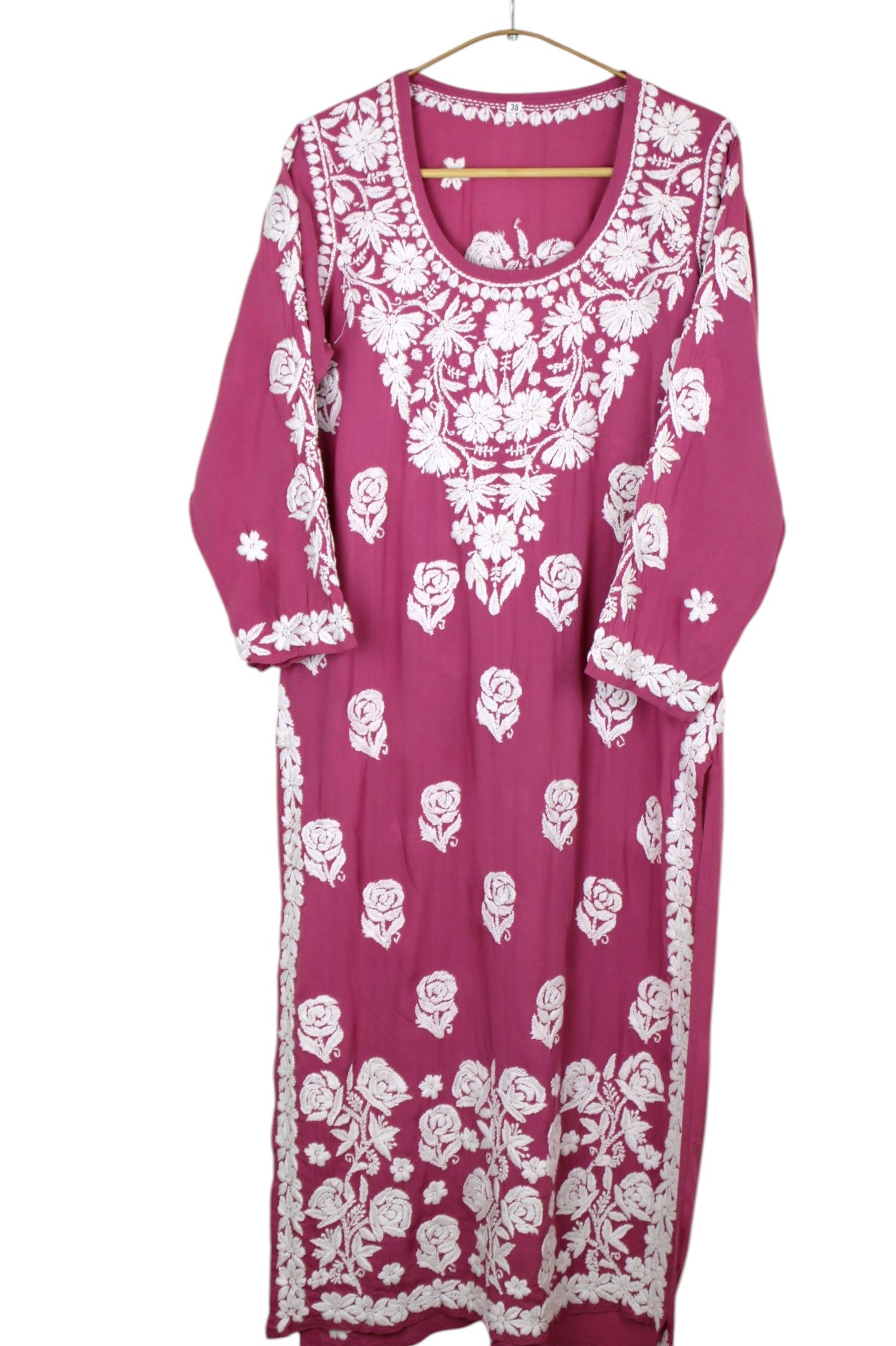 ROSE PINK MODAL LONG KURTA WITH 3D CHIKANKARI