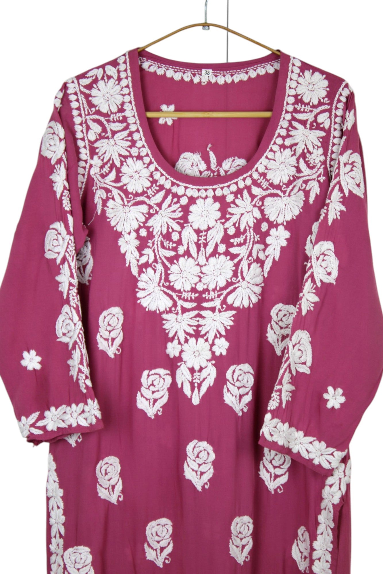 ROSE PINK MODAL LONG KURTA WITH 3D CHIKANKARI