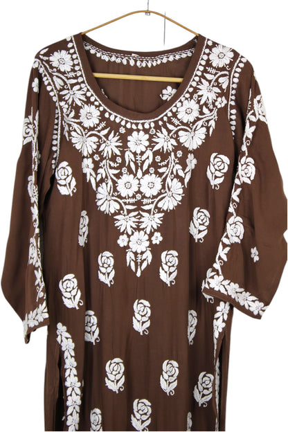BROWN MODAL LONG KURTA WITH 3D CHIKANKARI