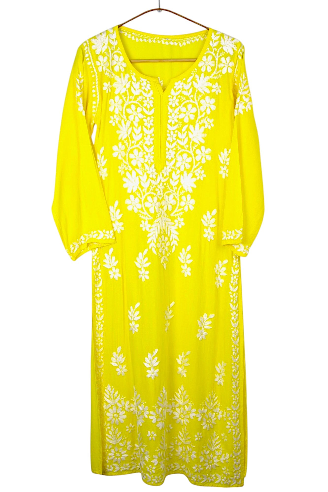 YELLOW LONG RAYON CHIKANKARI KURTA