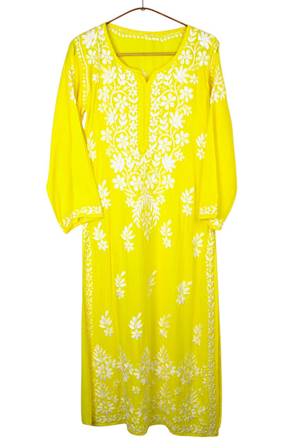 YELLOW LONG RAYON CHIKANKARI KURTA