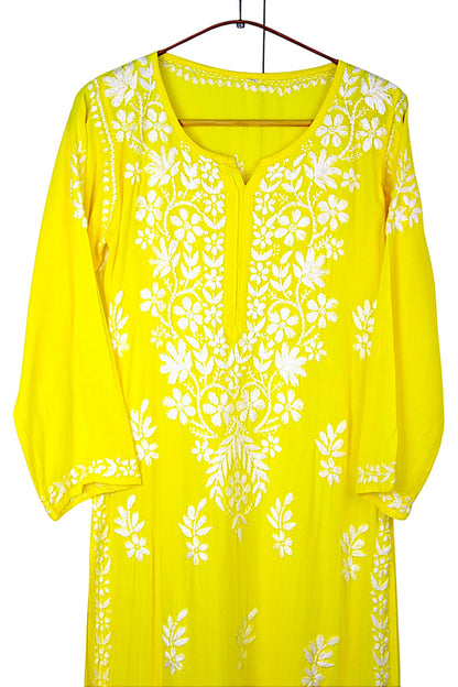 YELLOW LONG RAYON CHIKANKARI KURTA