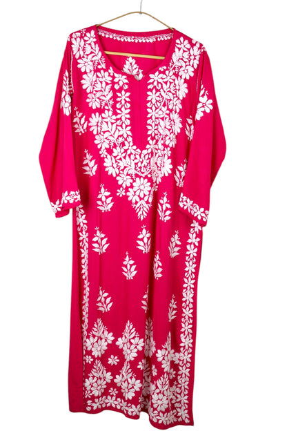 RANI PINK LONG RAYON CHIKANKARI KURTA