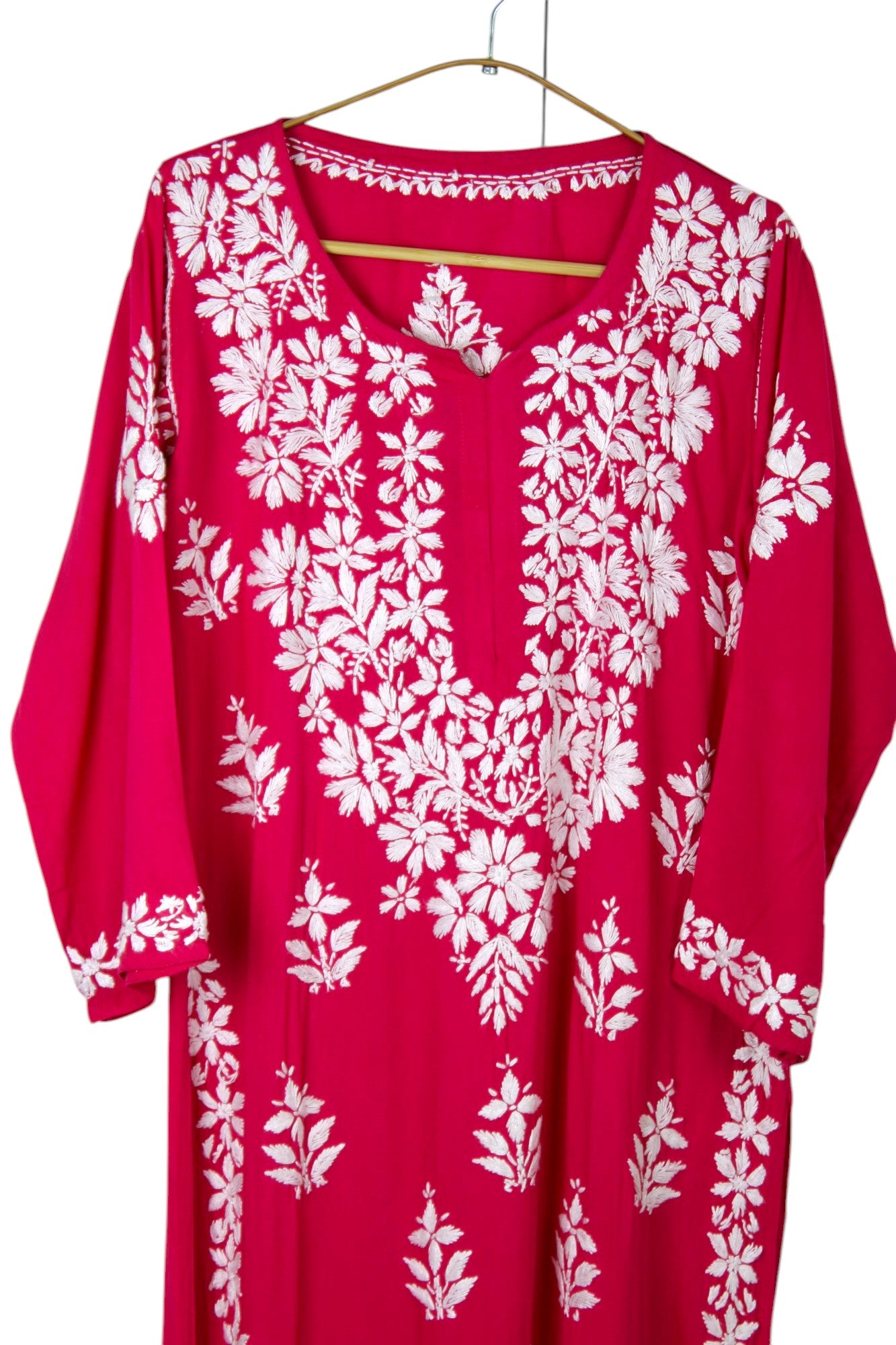 RANI PINK LONG RAYON CHIKANKARI KURTA