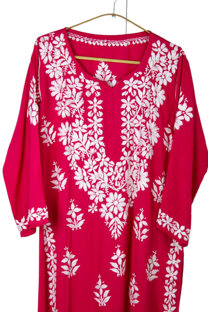 RANI PINK LONG RAYON CHIKANKARI KURTA