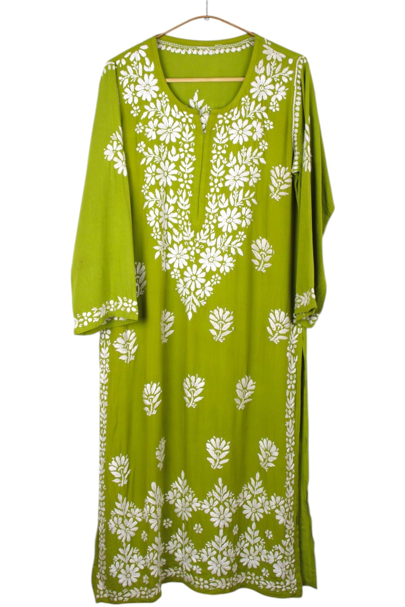 MEHNDI GREEN LONG RAYON CHIKANKARI KURTA