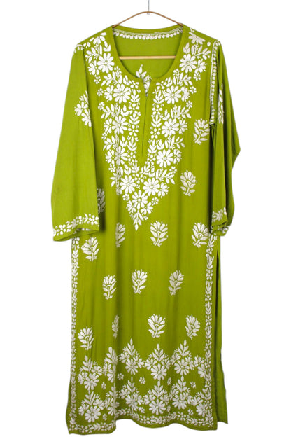 MEHNDI GREEN LONG RAYON CHIKANKARI KURTA