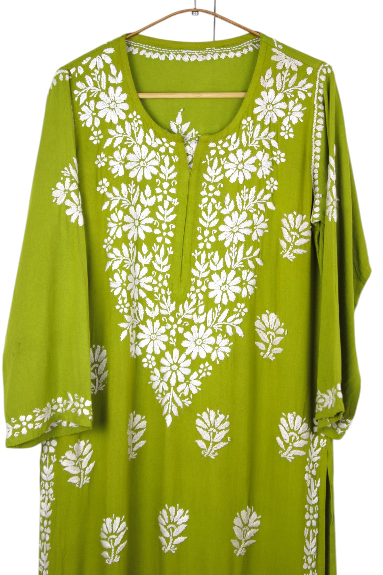 MEHNDI GREEN LONG RAYON CHIKANKARI KURTA