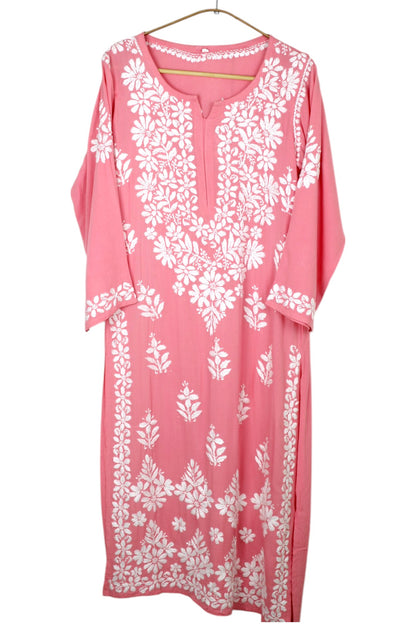 POWDER PINK LONG RAYON CHIKANKARI KURTA