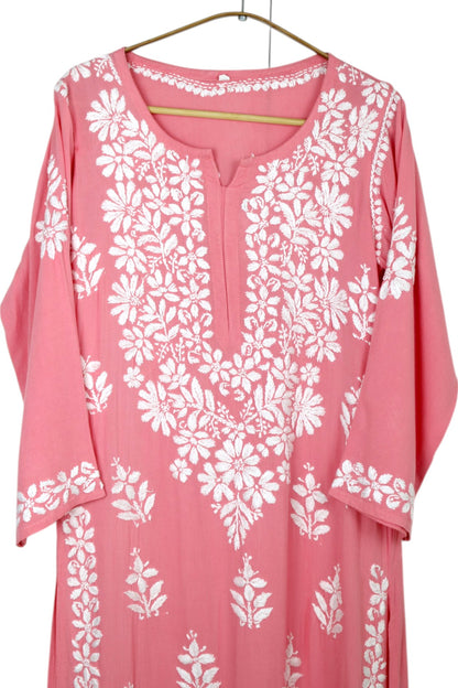POWDER PINK LONG RAYON CHIKANKARI KURTA