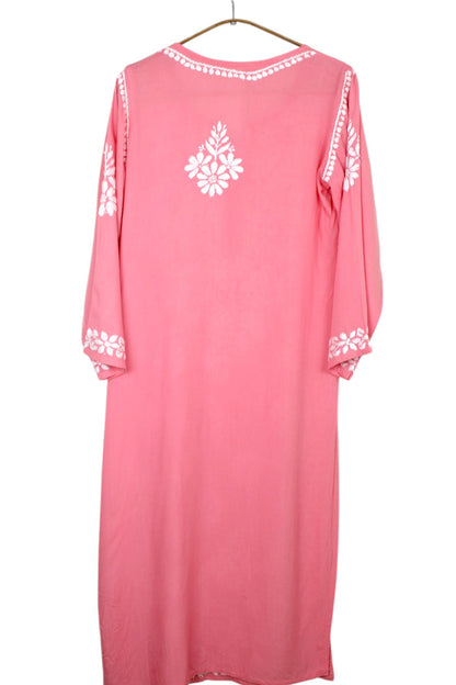 POWDER PINK LONG RAYON CHIKANKARI KURTA