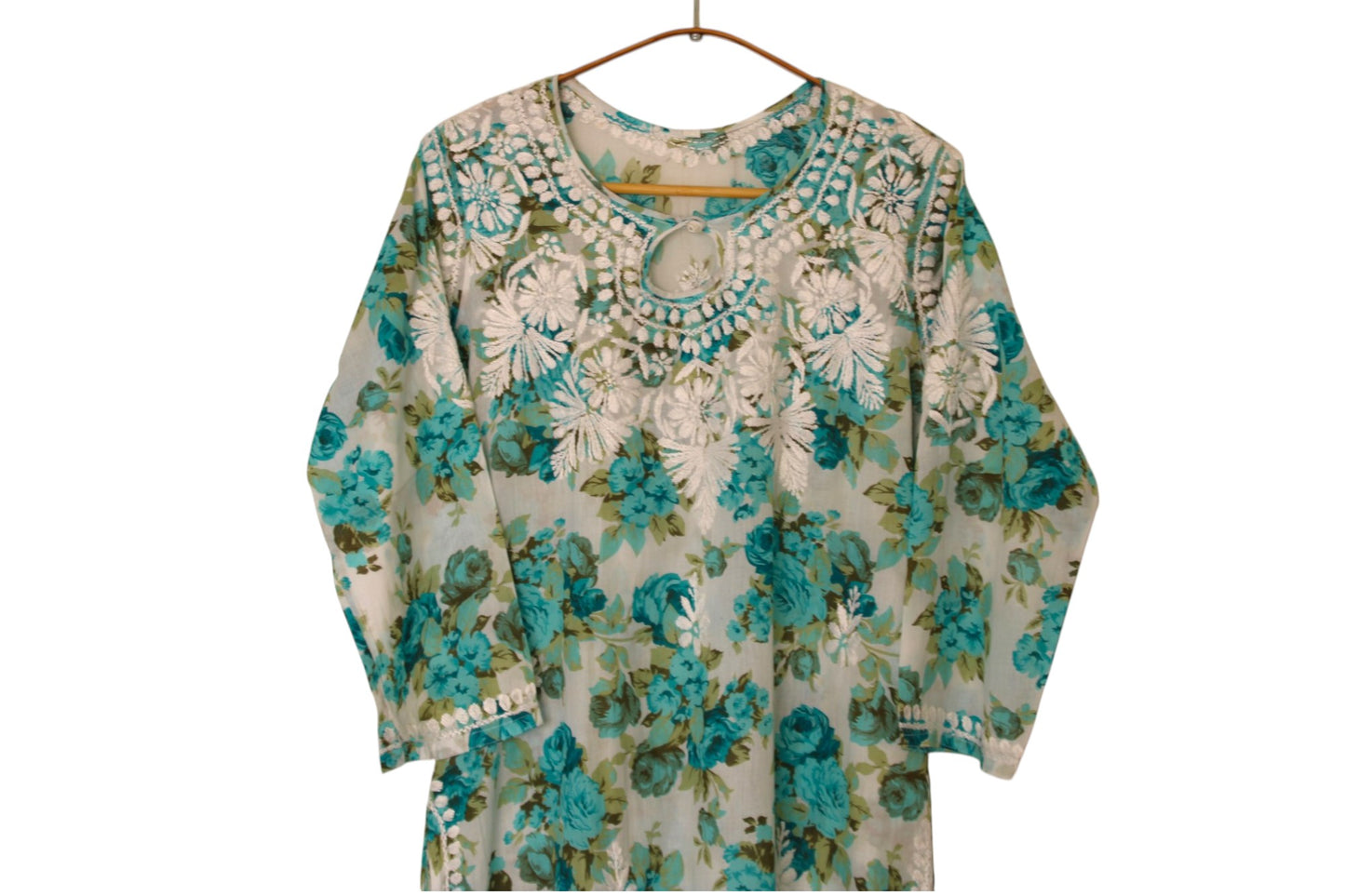 MINT GREEN MULMUL ROSE PRINTED LONG KURTA