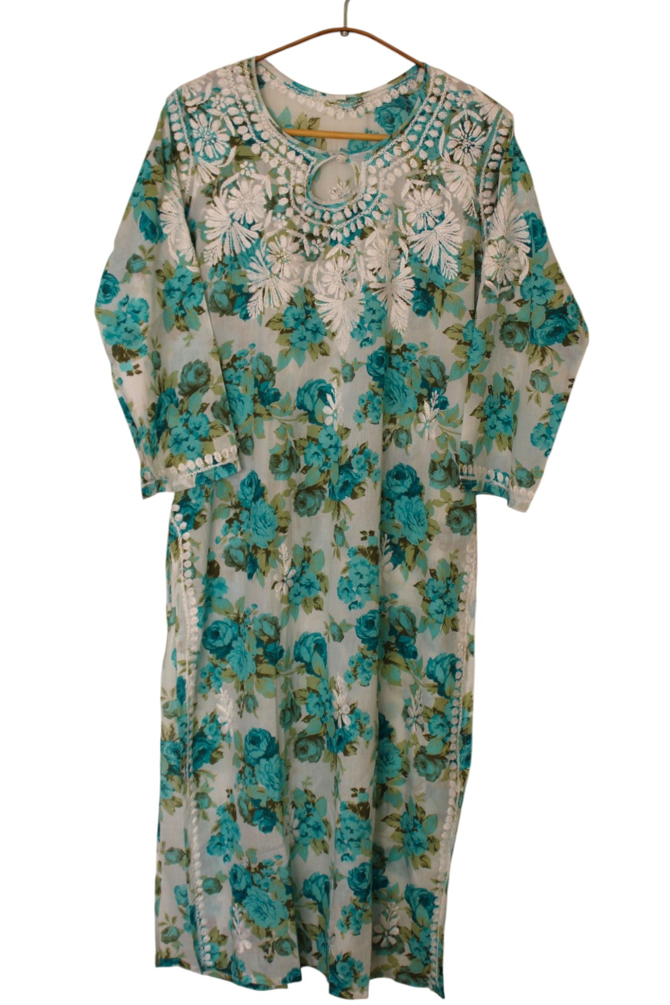 MINT GREEN MULMUL ROSE PRINTED LONG KURTA