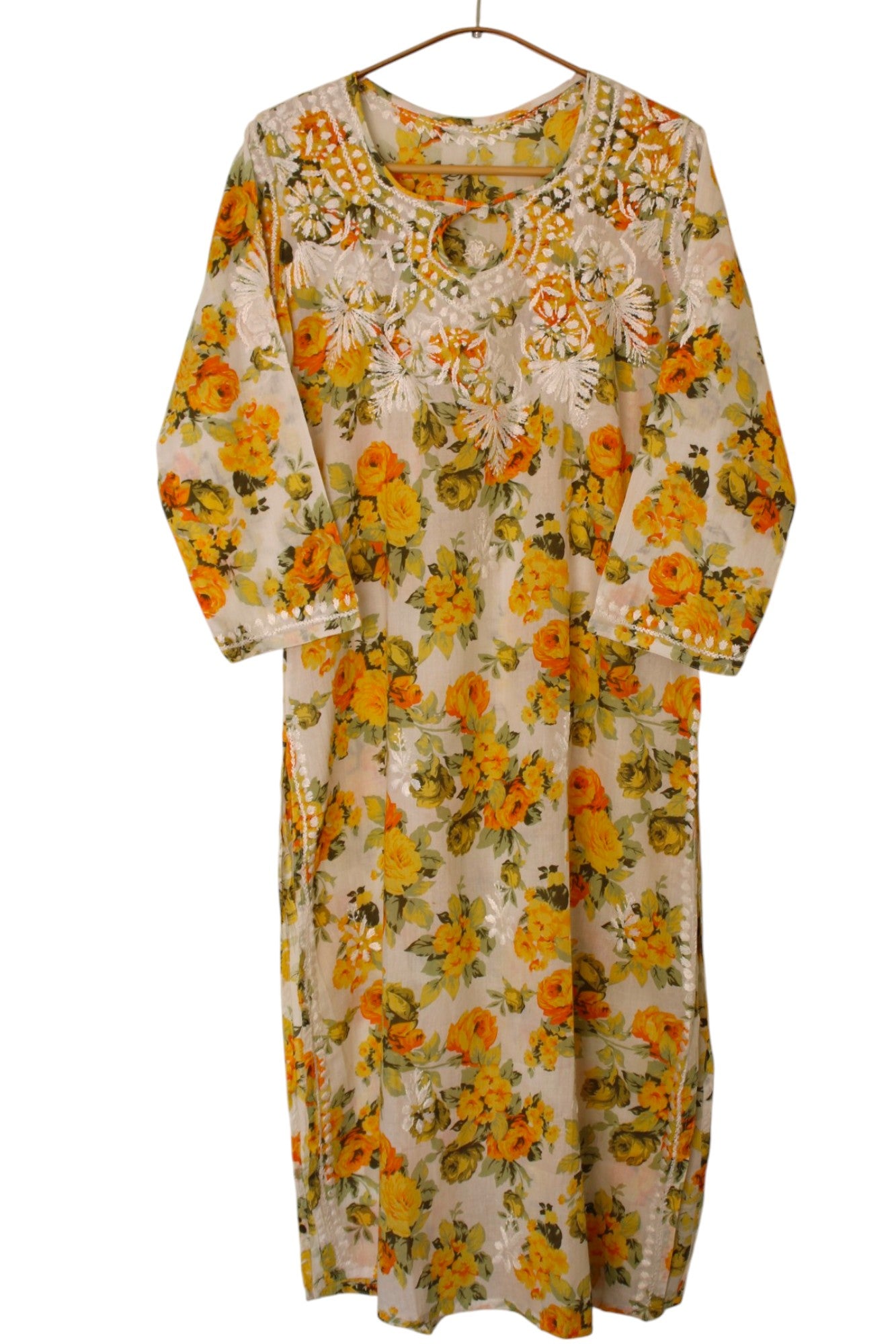 YELLOW MULMUL ROSE PRINTED LONG KURTA