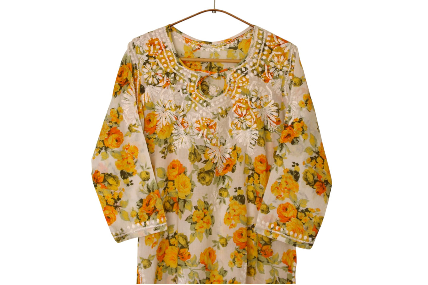 YELLOW MULMUL ROSE PRINTED LONG KURTA