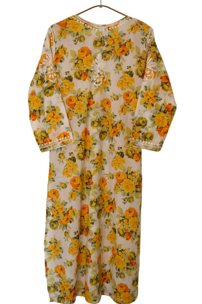 YELLOW MULMUL ROSE PRINTED LONG KURTA