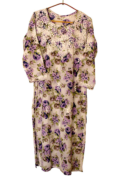 PURPLE MULMUL ROSE PRINTED LONG KURTA
