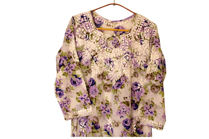 PURPLE MULMUL ROSE PRINTED LONG KURTA