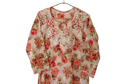 BLUSH PINK MULMUL ROSE PRINTED LONG KURTA