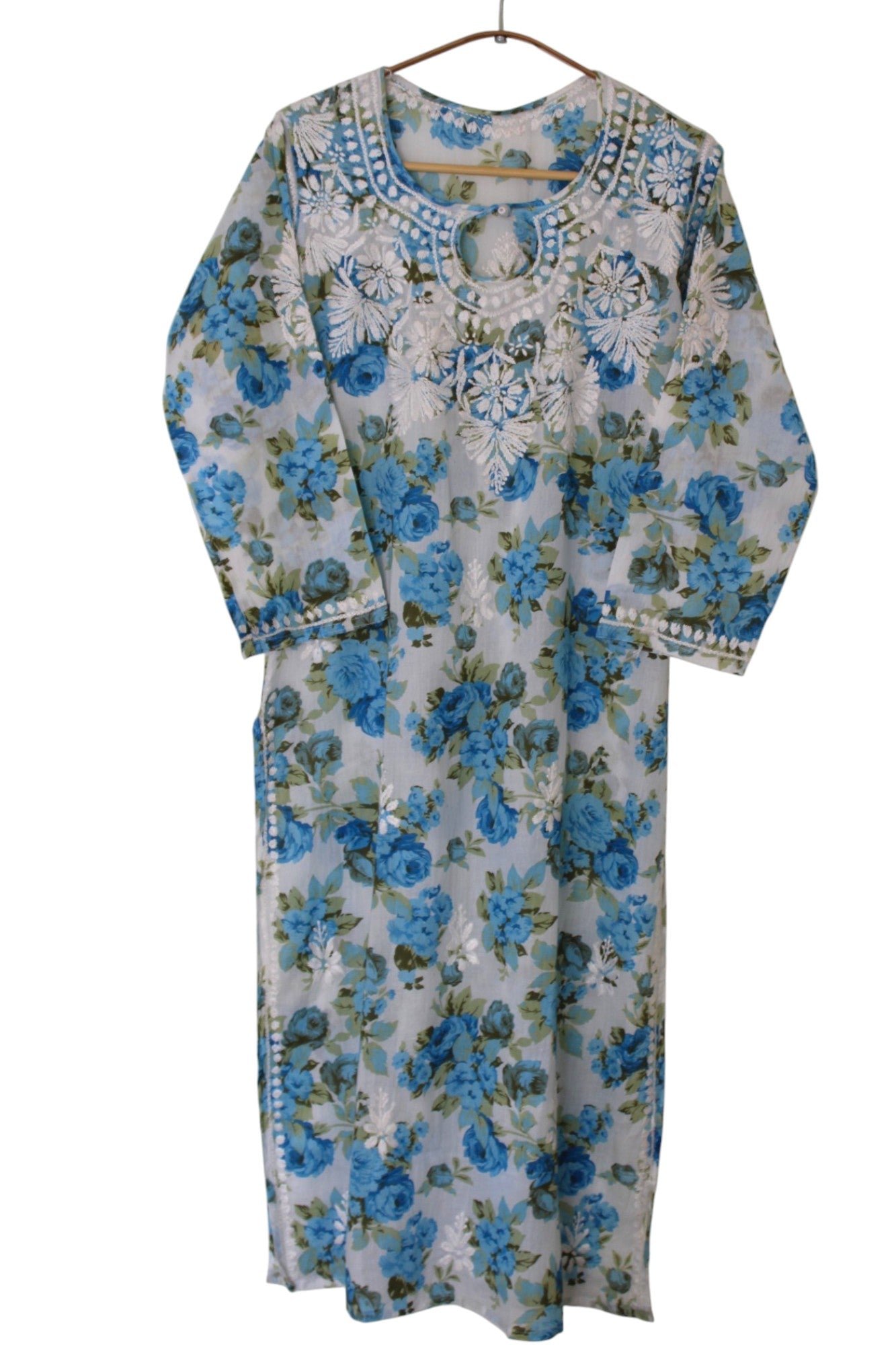 BLUE MULMUL ROSE PRINTED LONG KURTA