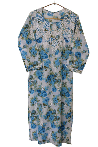 BLUE MULMUL ROSE PRINTED LONG KURTA