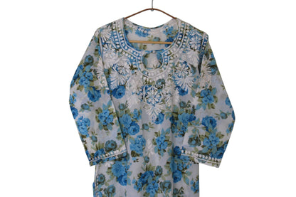 BLUE MULMUL ROSE PRINTED LONG KURTA
