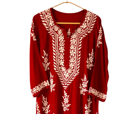 MAROON LONG RAYON KURTA WITH FLORAL PATTERN