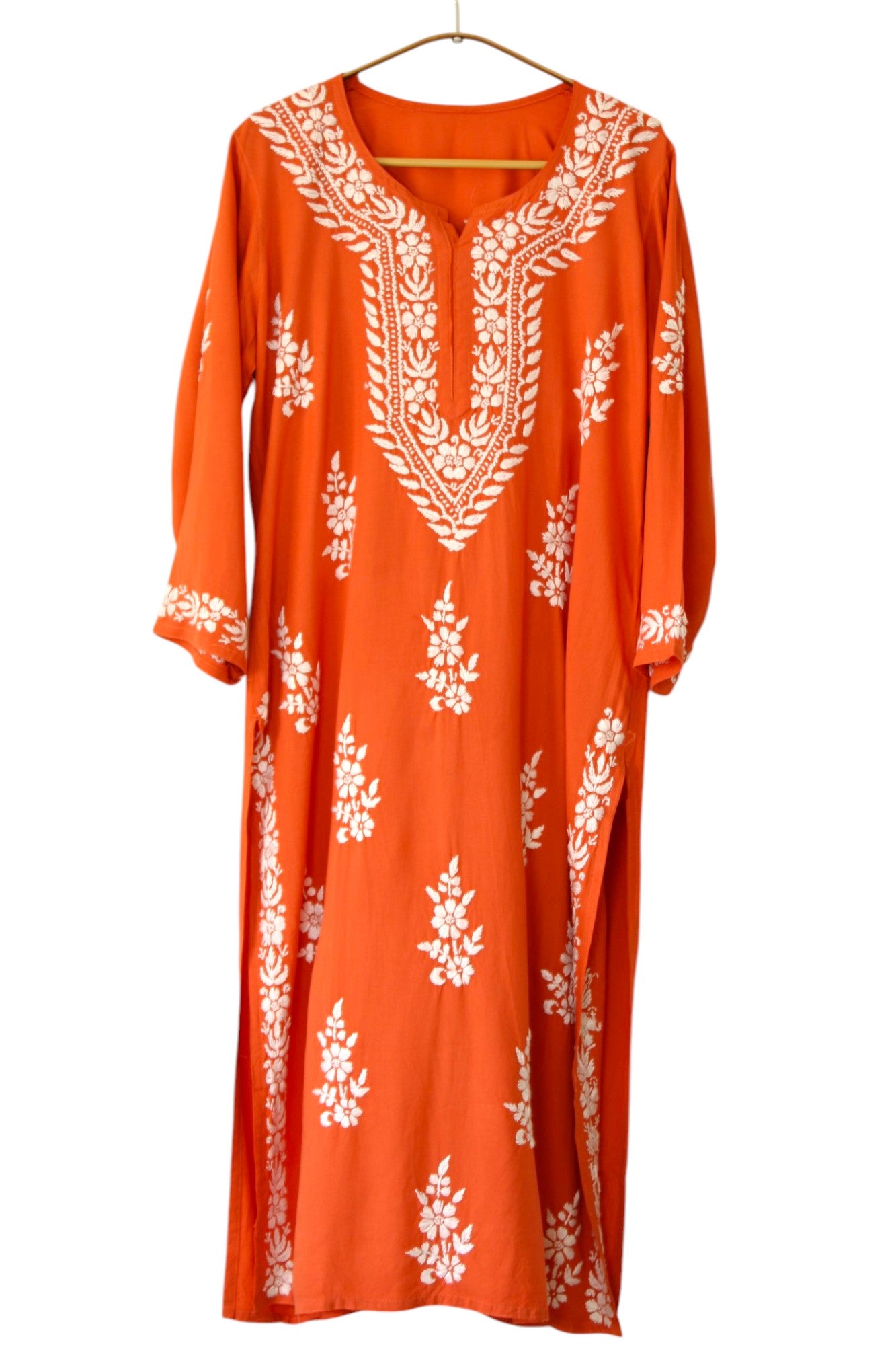 RUSTY ORANGE LONG RAYON KURTA WITH FLORAL PATTERN