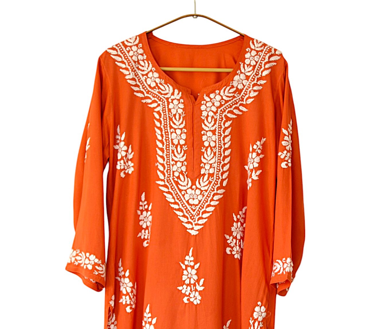 RUSTY ORANGE LONG RAYON KURTA WITH FLORAL PATTERN