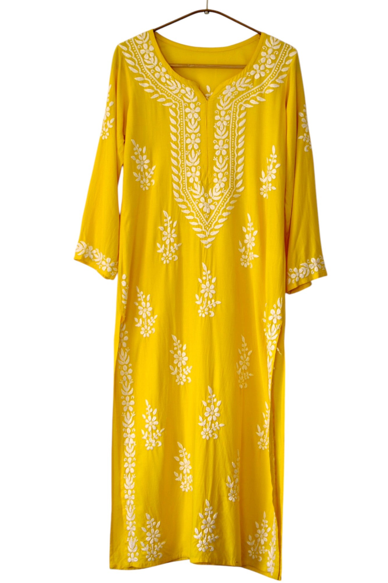 YELLOW LONG RAYON KURTA WITH FLORAL PATTERN
