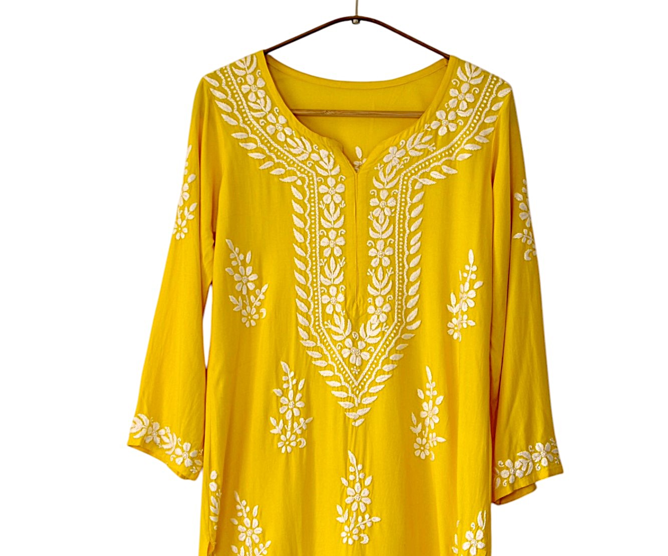 YELLOW LONG RAYON KURTA WITH FLORAL PATTERN