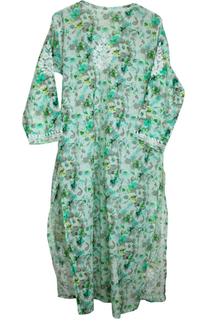 HANA MINT GREEN MULMUL LONG KURTA WITH 3D CHIKANKARI