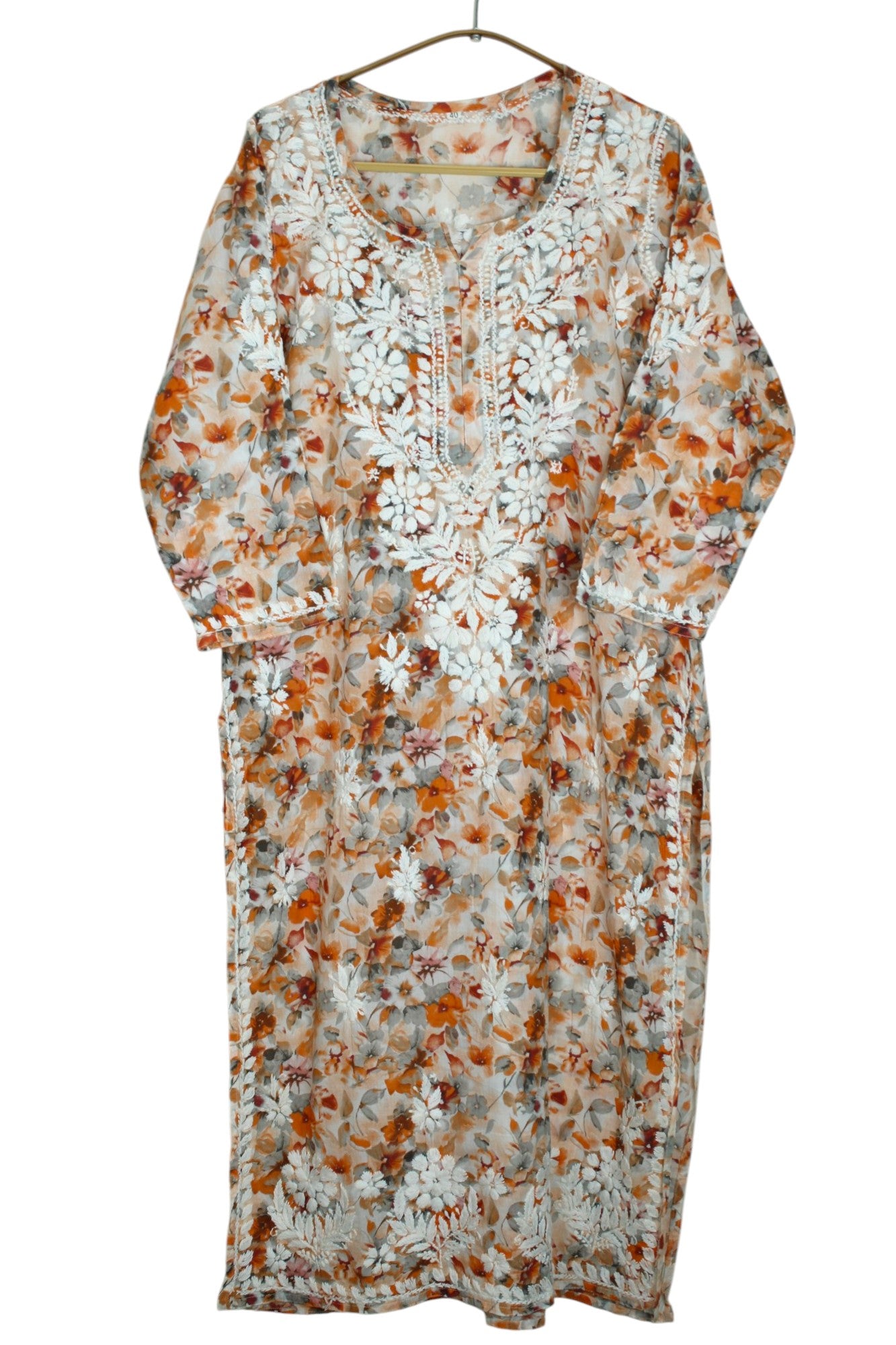 HANA ORANGE MULMUL LONG KURTA WITH 3D CHIKANKARI