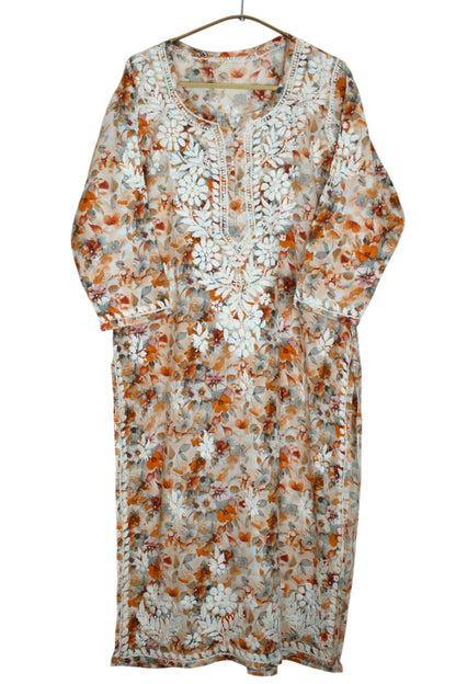 HANA ORANGE MULMUL LONG KURTA WITH 3D CHIKANKARI