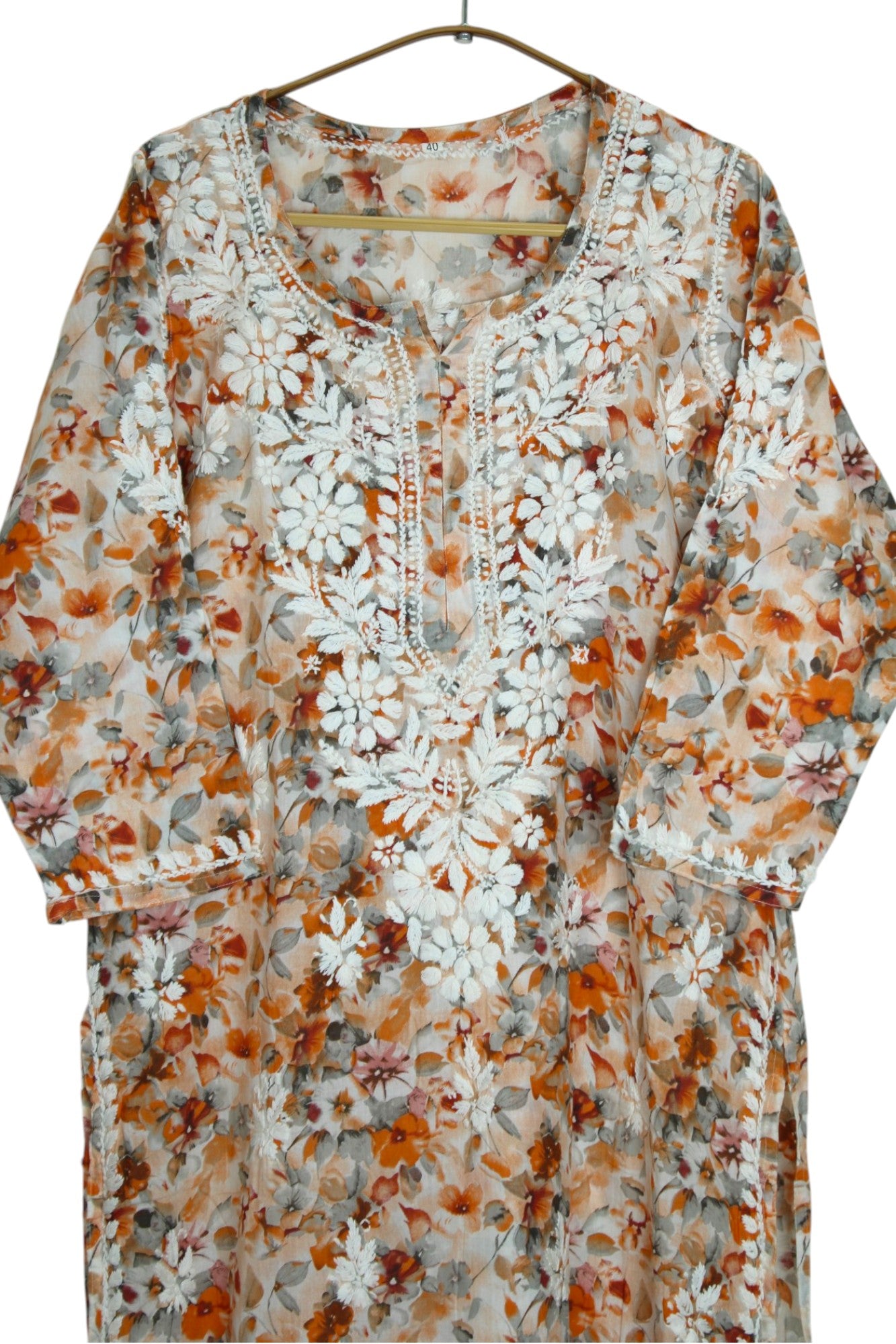 HANA ORANGE MULMUL LONG KURTA WITH 3D CHIKANKARI