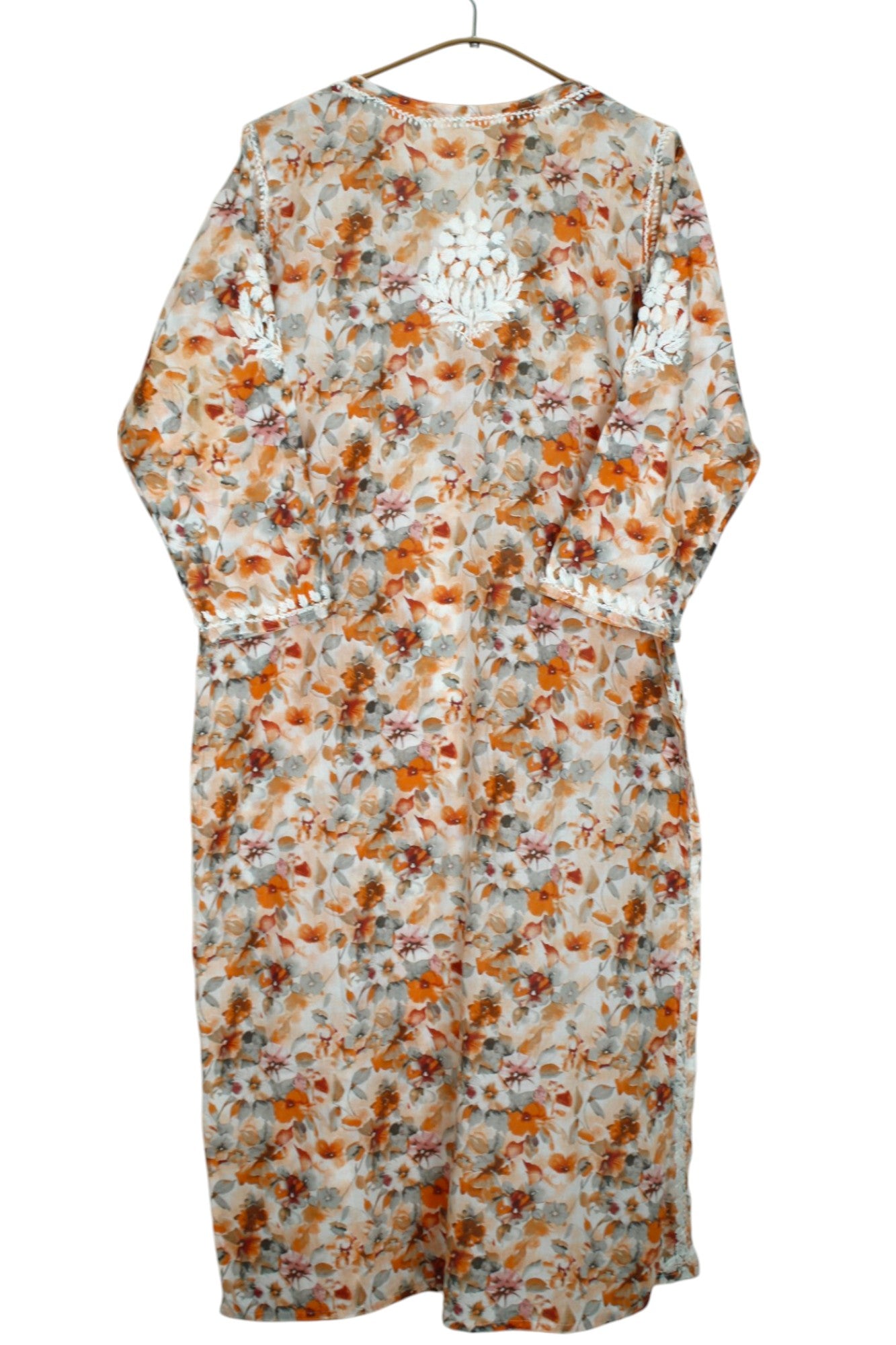 HANA ORANGE MULMUL LONG KURTA WITH 3D CHIKANKARI