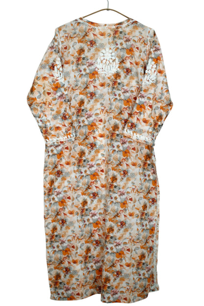 HANA ORANGE MULMUL LONG KURTA WITH 3D CHIKANKARI