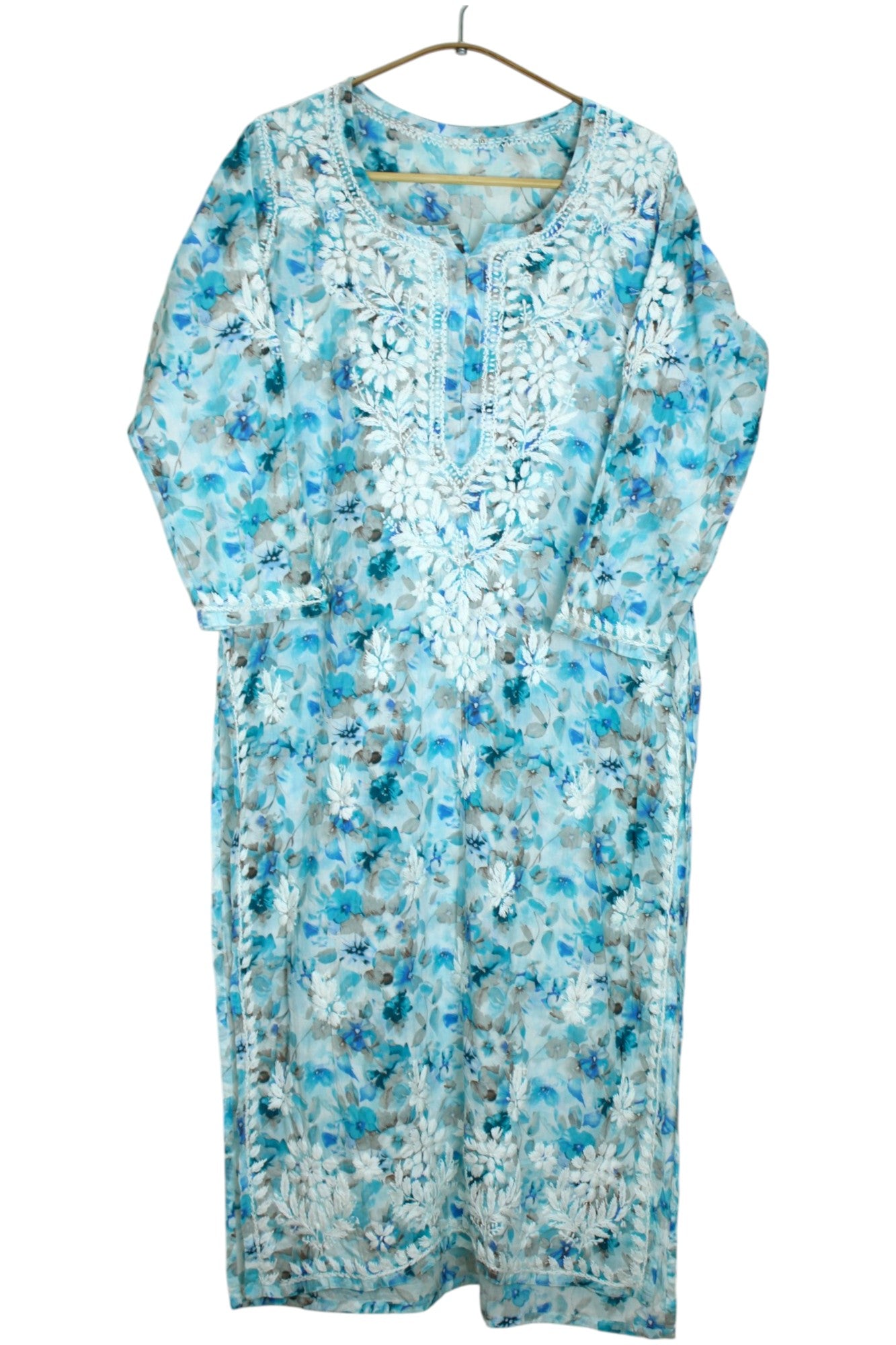 HANA SEA BLUE MULMUL LONG KURTA WITH 3D CHIKANKARI