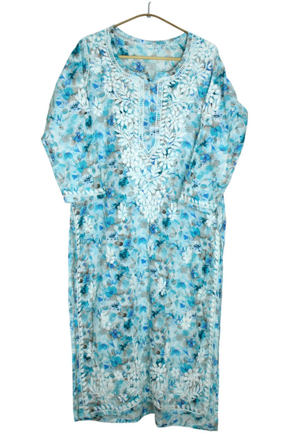 HANA SEA BLUE MULMUL LONG KURTA WITH 3D CHIKANKARI