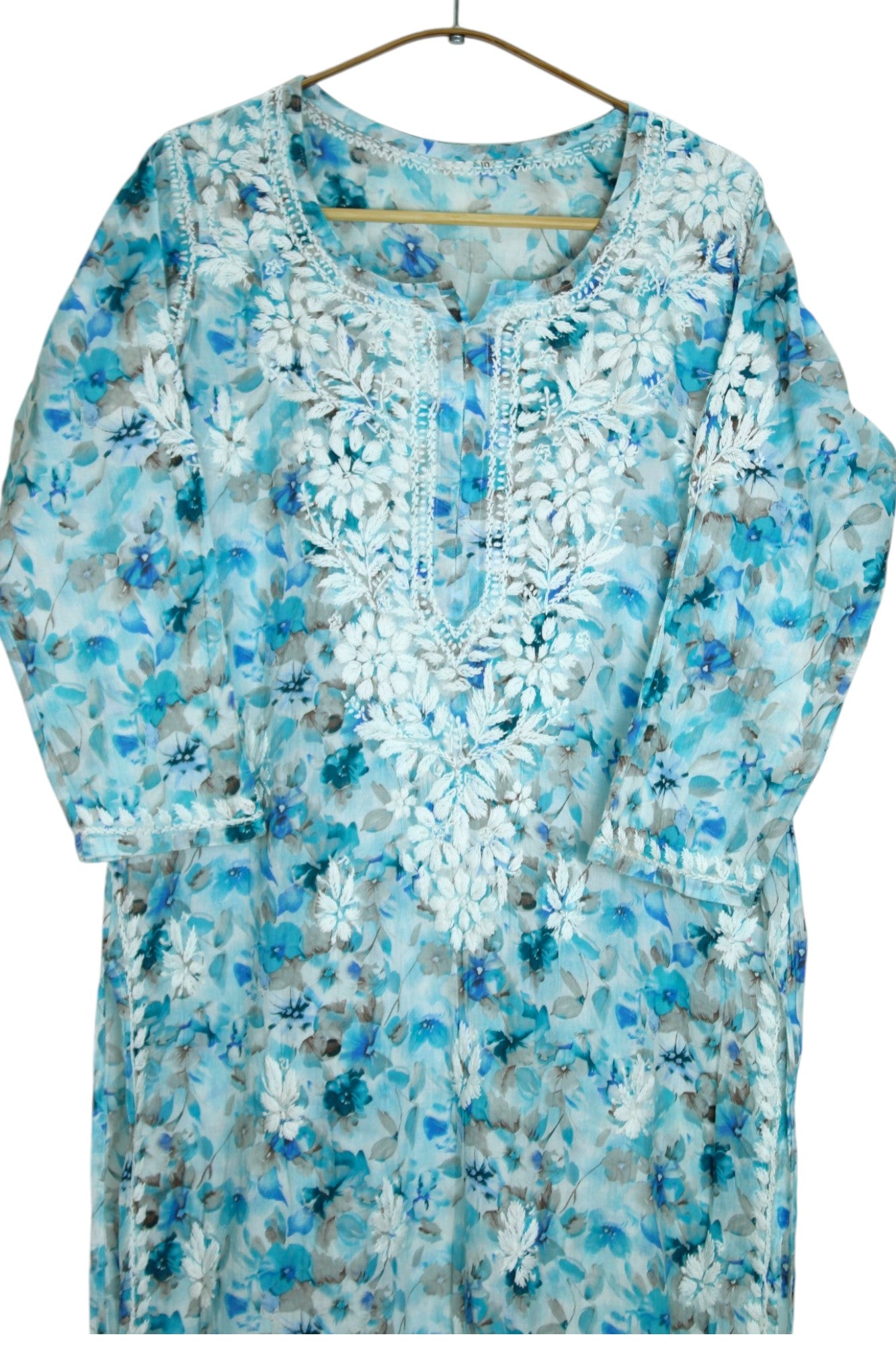 HANA SEA BLUE MULMUL LONG KURTA WITH 3D CHIKANKARI