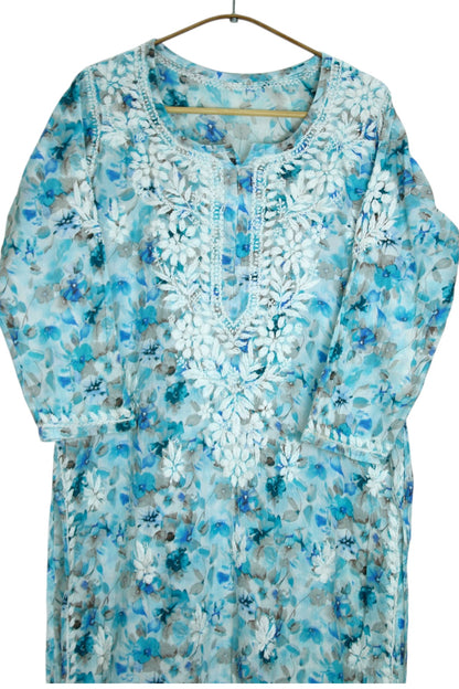 HANA SEA BLUE MULMUL LONG KURTA WITH 3D CHIKANKARI