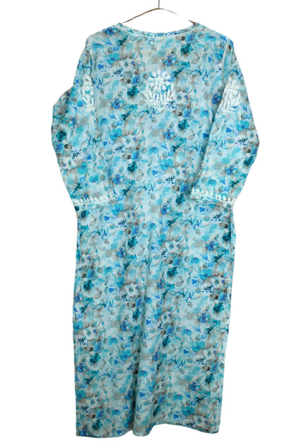 HANA SEA BLUE MULMUL LONG KURTA WITH 3D CHIKANKARI