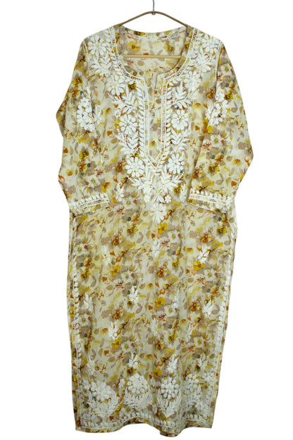 HANA YELLOW MULMUL LONG KURTA WITH 3D CHIKANKARI