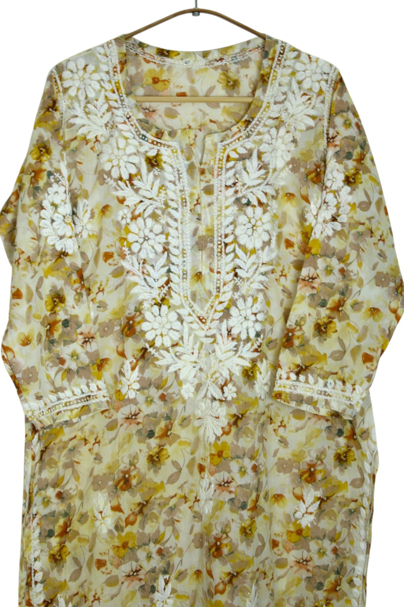 HANA YELLOW MULMUL LONG KURTA WITH 3D CHIKANKARI