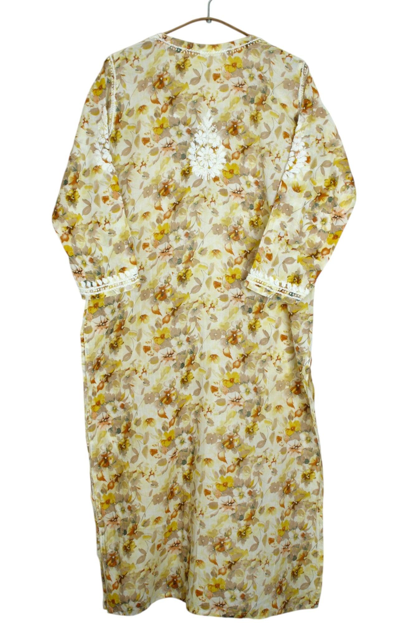 HANA YELLOW MULMUL LONG KURTA WITH 3D CHIKANKARI