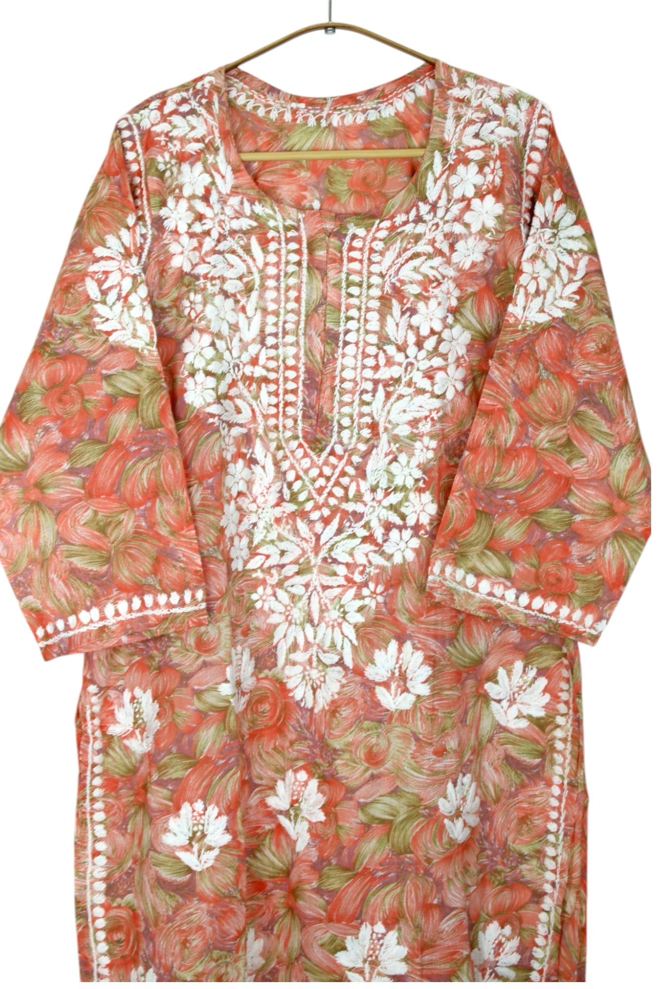 LIYANA ORANGE MULMUL LONG KURTA WITH 3D CHIKANKARI