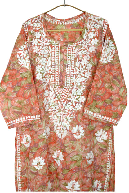 LIYANA ORANGE MULMUL LONG KURTA WITH 3D CHIKANKARI