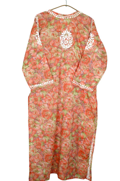 LIYANA ORANGE MULMUL LONG KURTA WITH 3D CHIKANKARI